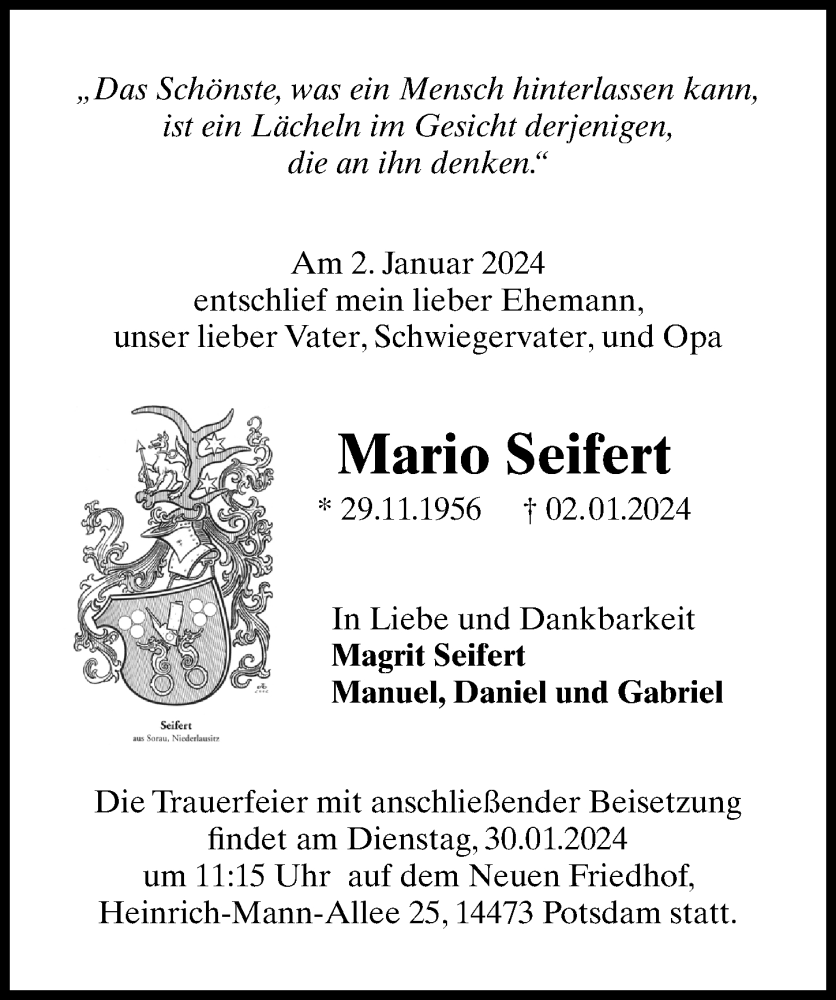  Traueranzeige für Mario Seifert vom 20.01.2024 aus Märkischen Allgemeine Zeitung