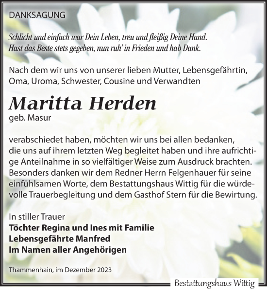 Traueranzeige von Maritta Herden von Leipziger Volkszeitung