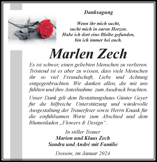 Traueranzeige von Marlen Zech von Wochenspiegel