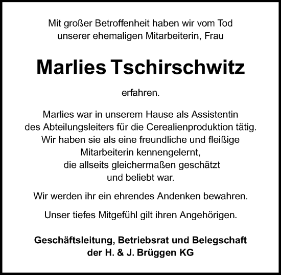 Traueranzeige von Marlies Tschirschwitz von Lübecker Nachrichten