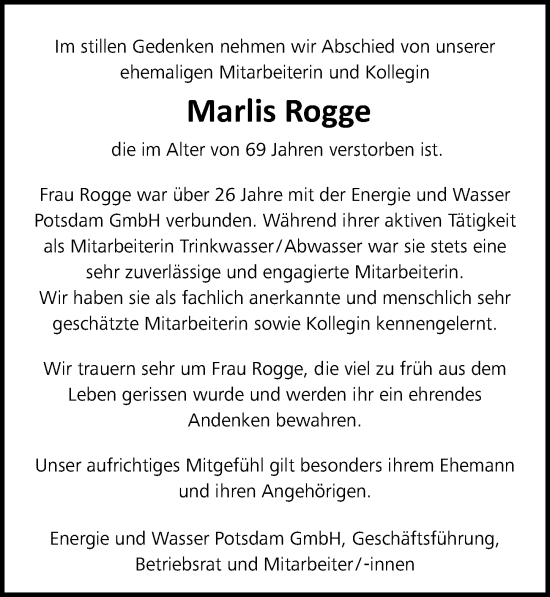 Traueranzeige von Marlis Rogge von Märkischen Allgemeine Zeitung