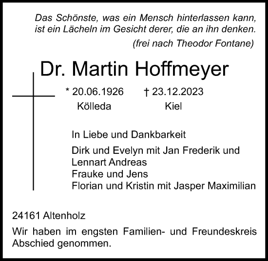 Traueranzeige von Martin Hoffmeyer von Kieler Nachrichten