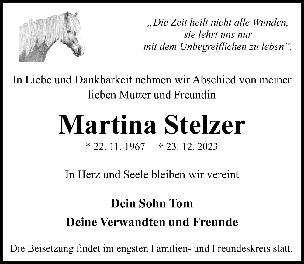  Traueranzeige für Martina Stelzer vom 13.01.2024 aus Kieler Nachrichten