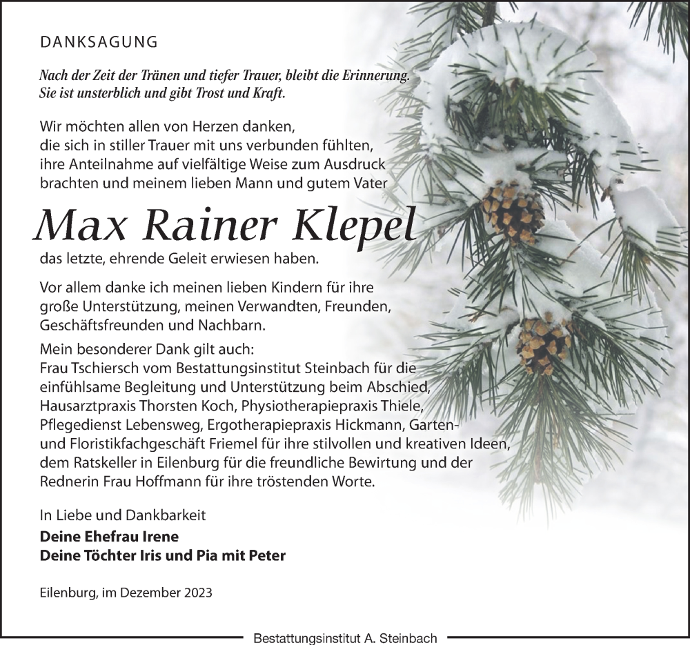  Traueranzeige für Max Rainer Klepel vom 13.01.2024 aus Leipziger Volkszeitung