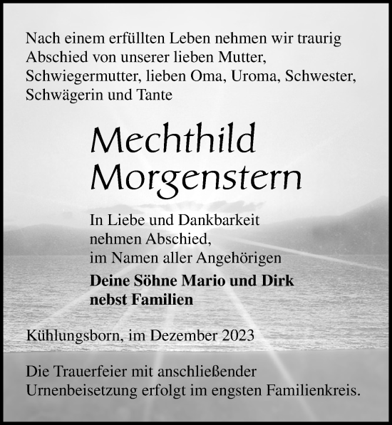 Traueranzeige von Mechthild Morgenstern von Ostsee-Zeitung GmbH