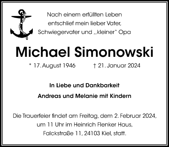 Traueranzeige von Michael Simonowski von Kieler Nachrichten