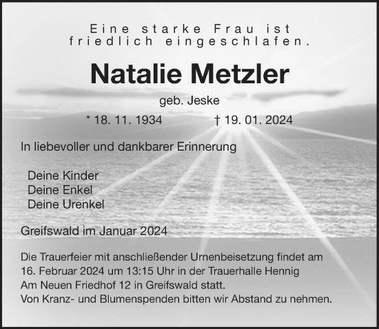 Traueranzeige von Natalie Metzler von Ostsee-Zeitung GmbH