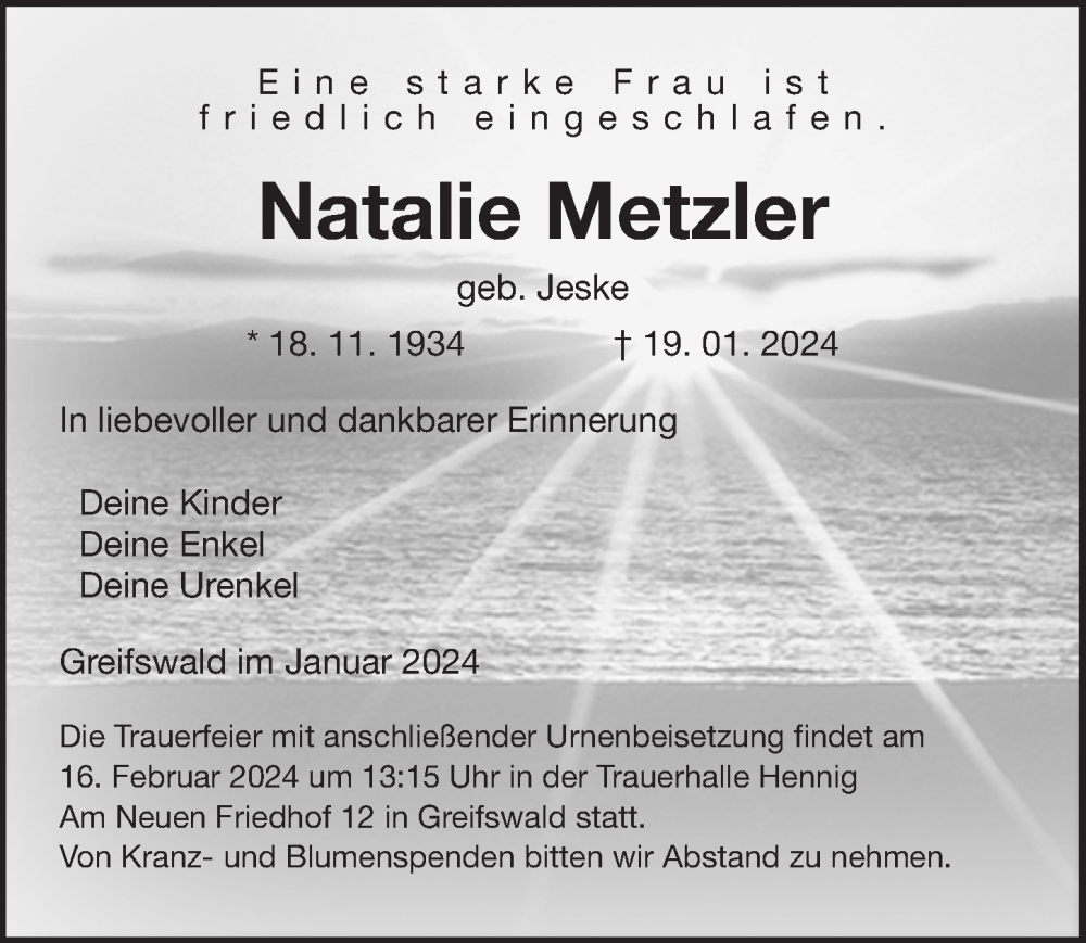  Traueranzeige für Natalie Metzler vom 27.01.2024 aus Ostsee-Zeitung GmbH