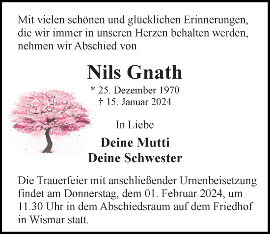 Traueranzeige von Nils Gnath von Ostsee-Zeitung GmbH
