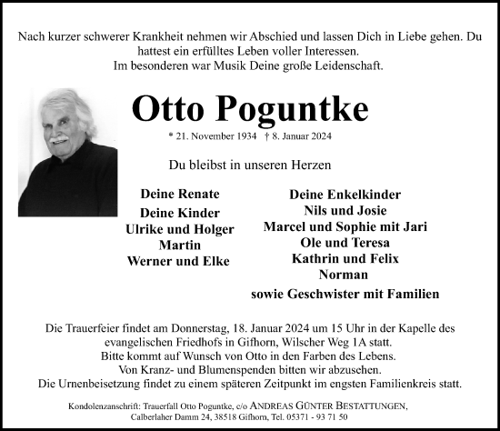 Traueranzeige von Otto Poguntke von Aller Zeitung