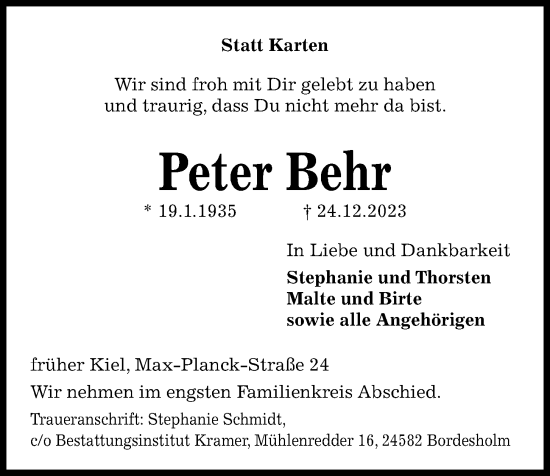 Traueranzeige von Peter Behr von Kieler Nachrichten