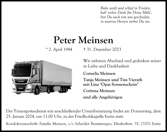 Traueranzeige von Peter Meinsen von Lübecker Nachrichten
