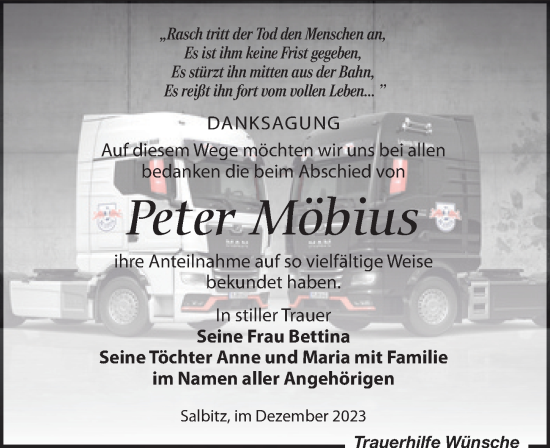 Traueranzeige von Peter Möbius von Leipziger Volkszeitung