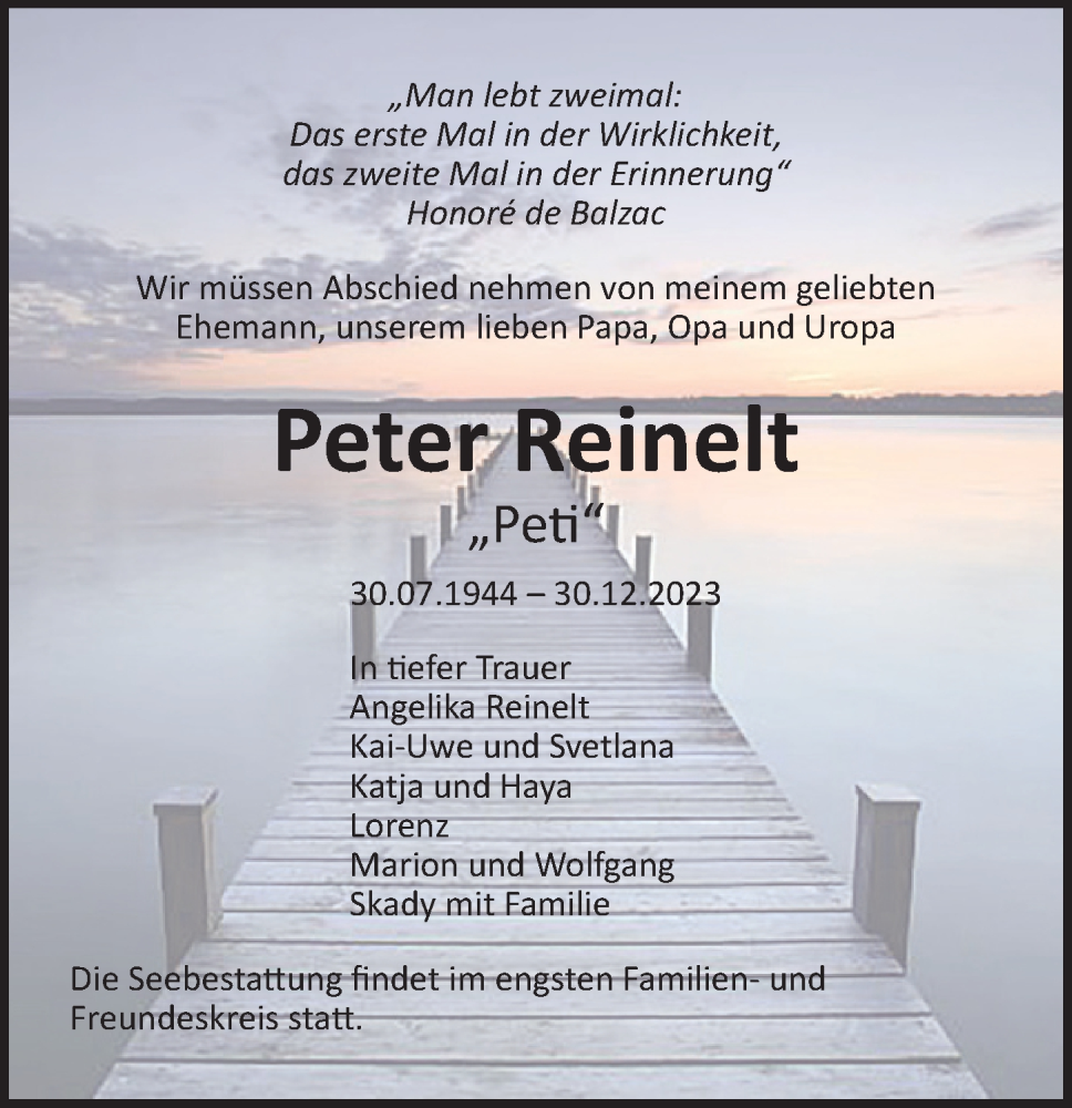  Traueranzeige für Peter Reinelt vom 13.01.2024 aus Ostsee-Zeitung GmbH