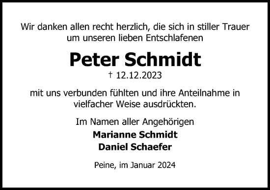 Traueranzeige von Peter Schmidt von Peiner Allgemeine Zeitung