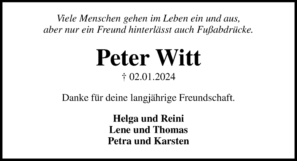  Traueranzeige für Peter Witt vom 14.01.2024 aus Lübecker Nachrichten