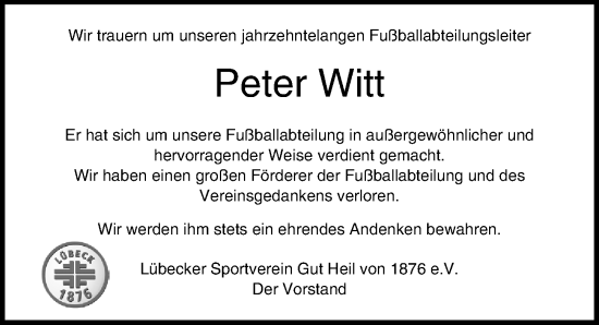 Traueranzeige von Peter Witt von Lübecker Nachrichten