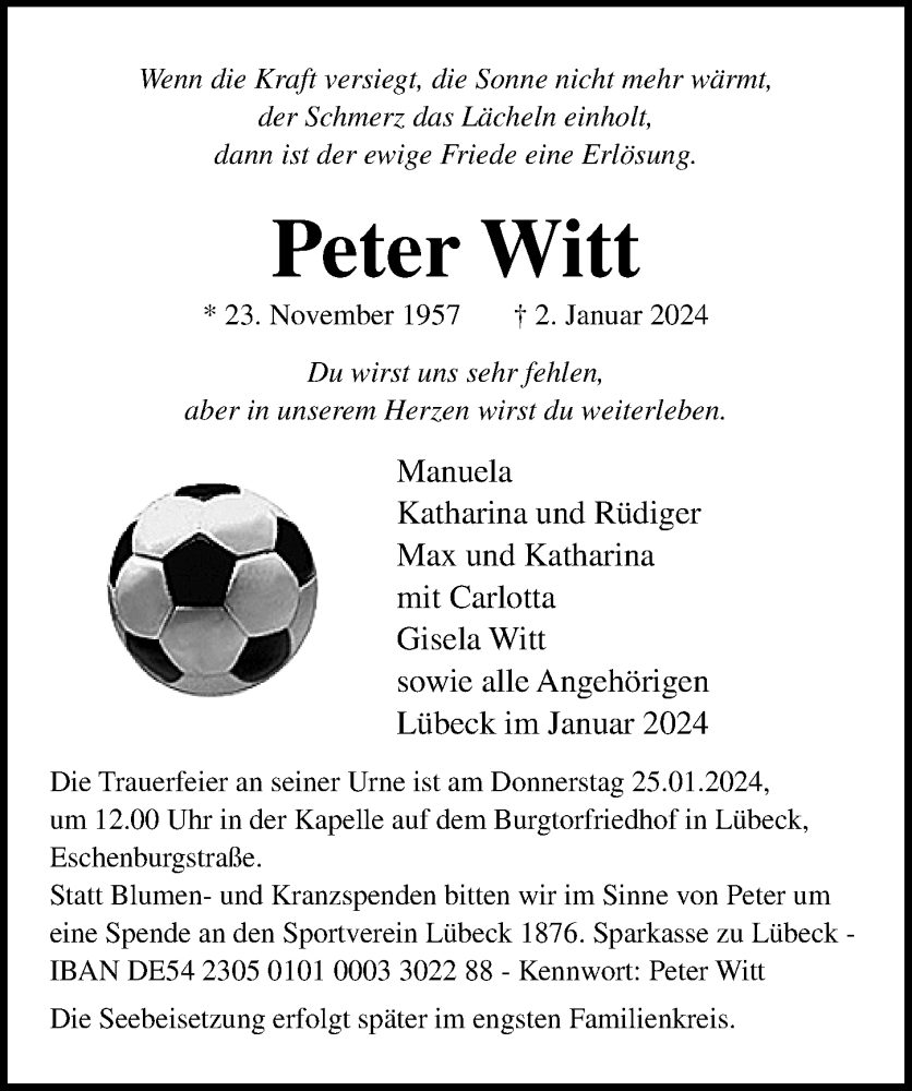  Traueranzeige für Peter Witt vom 14.01.2024 aus Lübecker Nachrichten