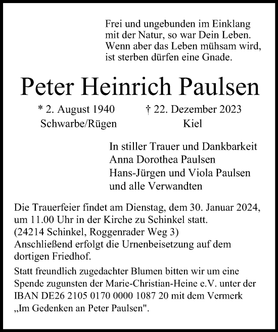 Traueranzeige von Peter Heinrich Paulsen von Ostsee-Zeitung GmbH