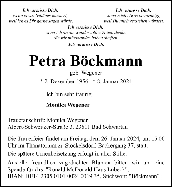 Traueranzeige von Petra Böckmann von Lübecker Nachrichten
