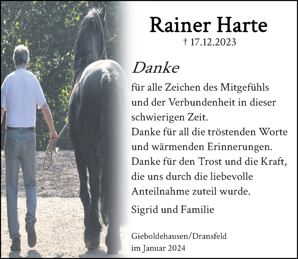  Traueranzeige für Rainer Harte vom 20.01.2024 aus Göttinger Tageblatt