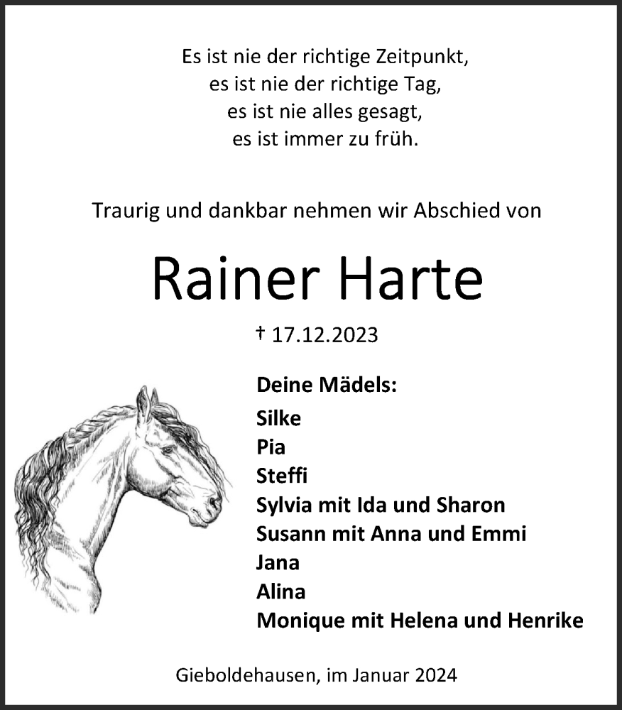  Traueranzeige für Rainer Harte vom 06.01.2024 aus Göttinger Tageblatt
