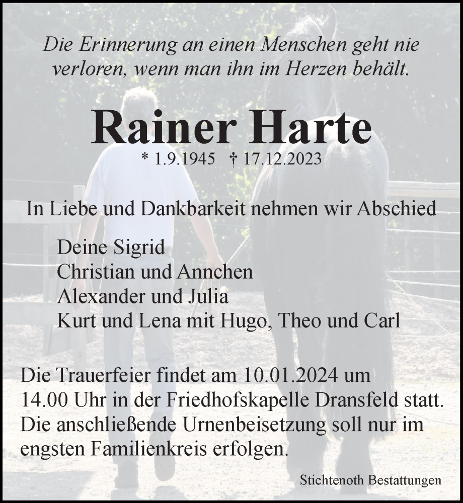  Traueranzeige für Rainer Harte vom 06.01.2024 aus Göttinger Tageblatt