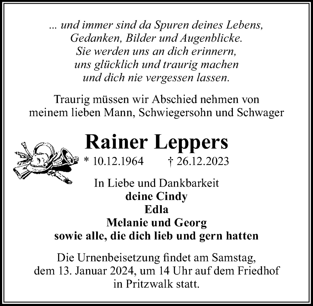  Traueranzeige für Rainer Leppers vom 06.01.2024 aus Wochenspiegel