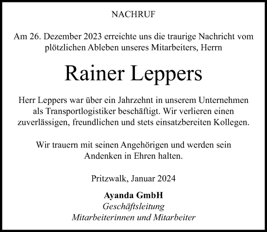 Traueranzeige von Rainer Leppers von Märkischen Allgemeine Zeitung