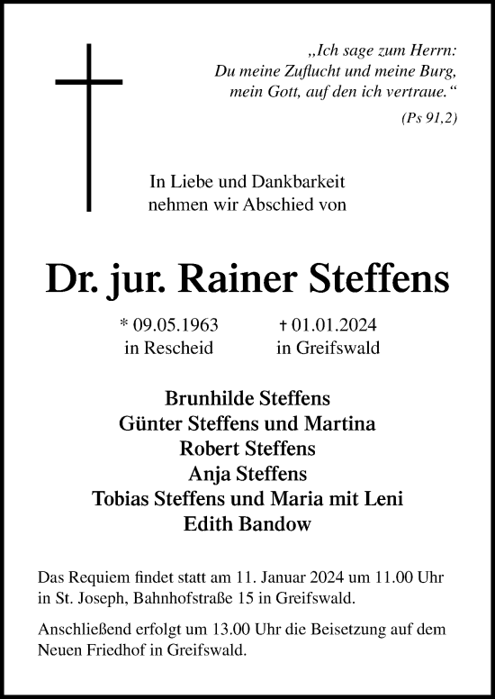 Traueranzeige von Rainer Steffens von Ostsee-Zeitung GmbH