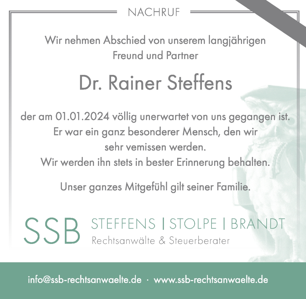  Traueranzeige für Rainer Steffens vom 06.01.2024 aus Ostsee-Zeitung GmbH