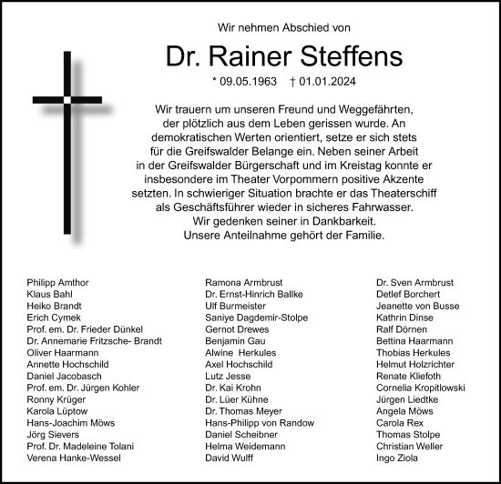 Traueranzeige von Rainer Steffens von Ostsee-Zeitung GmbH