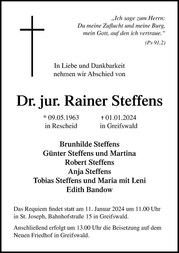  Traueranzeige für Rainer Steffens vom 06.01.2024 aus Ostsee-Zeitung GmbH