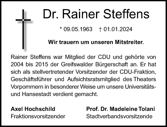 Traueranzeige von Rainer Steffens von Ostsee-Zeitung GmbH