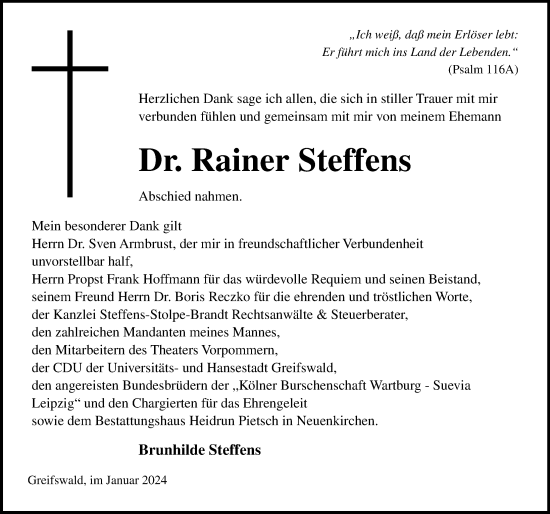 Traueranzeige von Rainer Steffens von Ostsee-Zeitung GmbH