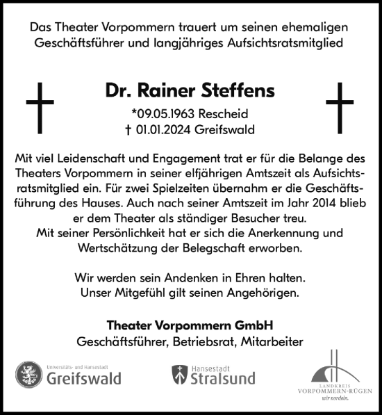 Traueranzeige von Rainer Steffens von Ostsee-Zeitung GmbH