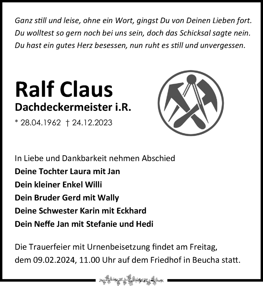  Traueranzeige für Ralf Claus vom 20.01.2024 aus Leipziger Volkszeitung