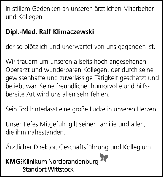 Traueranzeige von Ralf Klimaczewski von Märkischen Allgemeine Zeitung