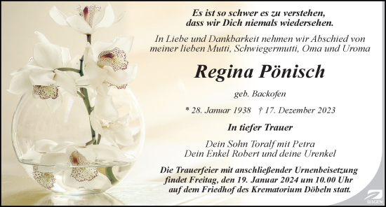 Traueranzeige von Regina Pönisch von Leipziger Volkszeitung