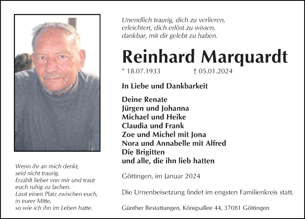  Traueranzeige für Reinhard Marquardt vom 13.01.2024 aus Göttinger Tageblatt