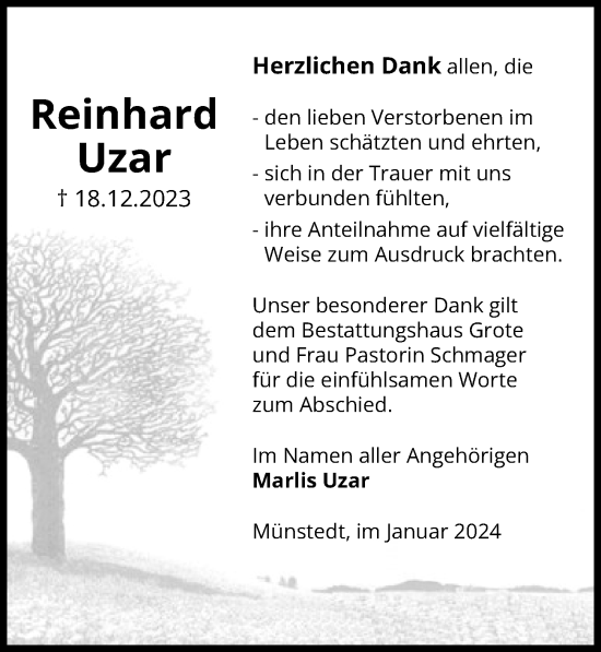 Traueranzeige von Reinhard Uzar von Peiner Allgemeine Zeitung