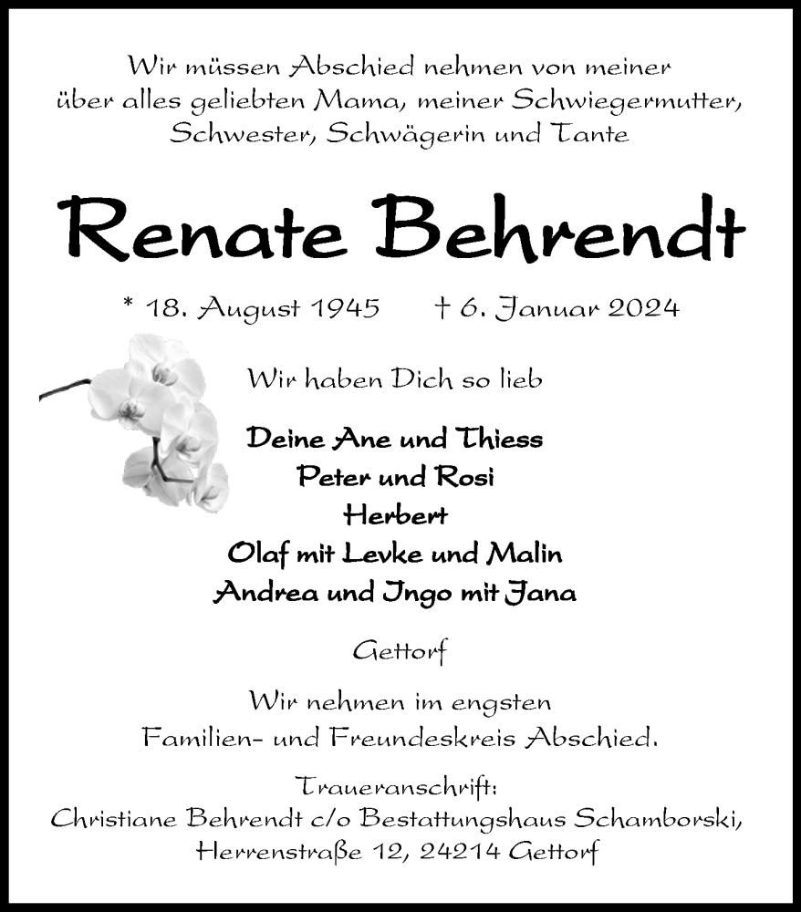  Traueranzeige für Renate Behrendt vom 13.01.2024 aus Kieler Nachrichten