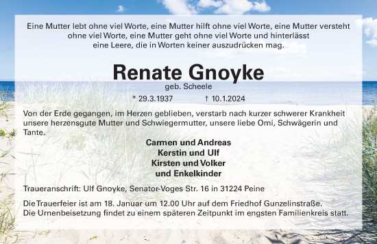 Traueranzeige von Renate Gnoyke von Peiner Allgemeine Zeitung