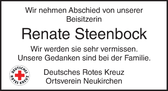Traueranzeige von Renate Steenbock von Lübecker Nachrichten