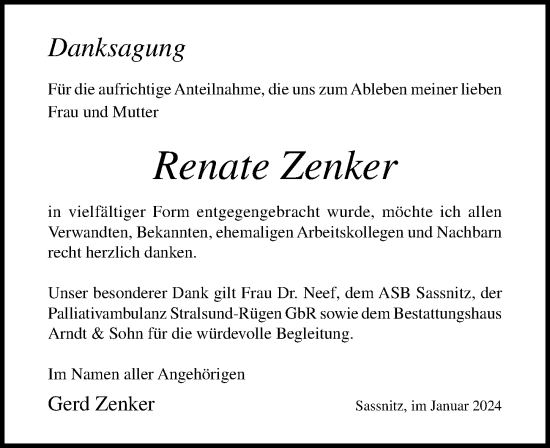 Traueranzeige von Renate Zenker von Ostsee-Zeitung GmbH
