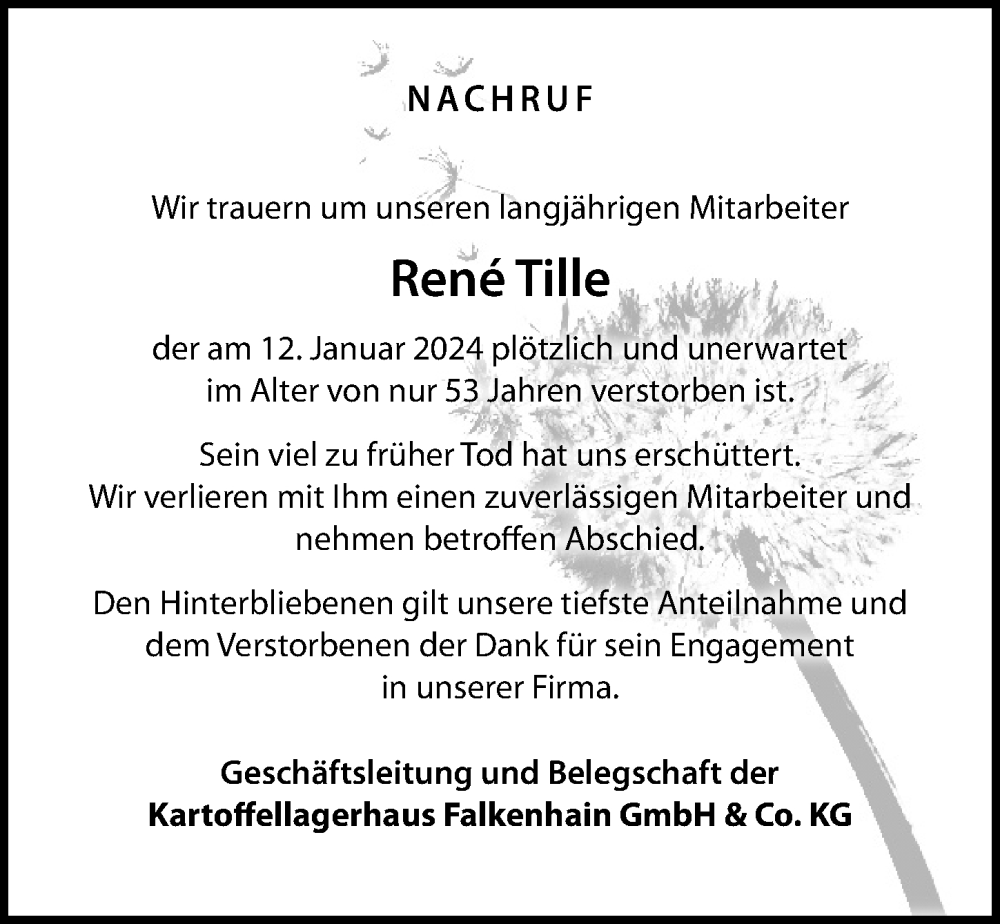  Traueranzeige für René Tille vom 20.01.2024 aus Leipziger Volkszeitung