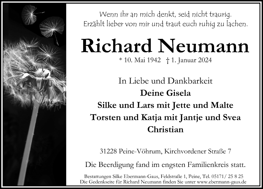  Traueranzeige für Richard Neumann vom 13.01.2024 aus Peiner Allgemeine Zeitung