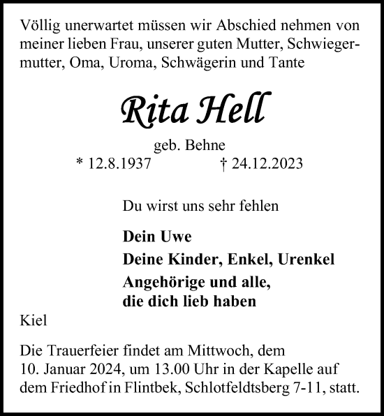 Traueranzeige von Riita Hell von Kieler Nachrichten