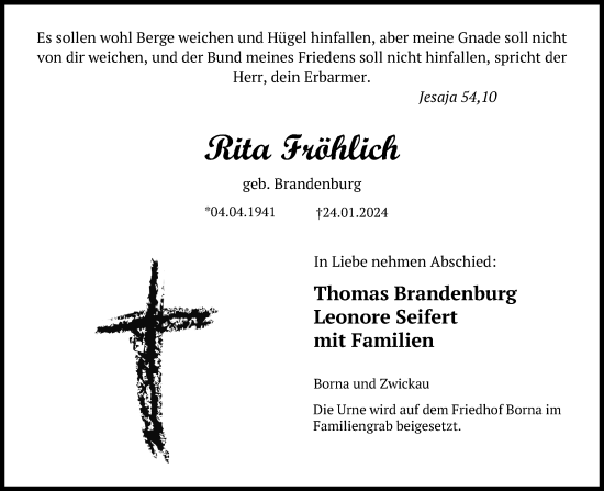 Traueranzeige von Rita Fröhlich von Märkischen Allgemeine Zeitung