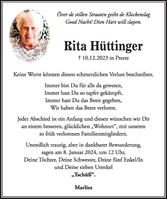 Traueranzeige von Rita Hüttinger von Kieler Nachrichten